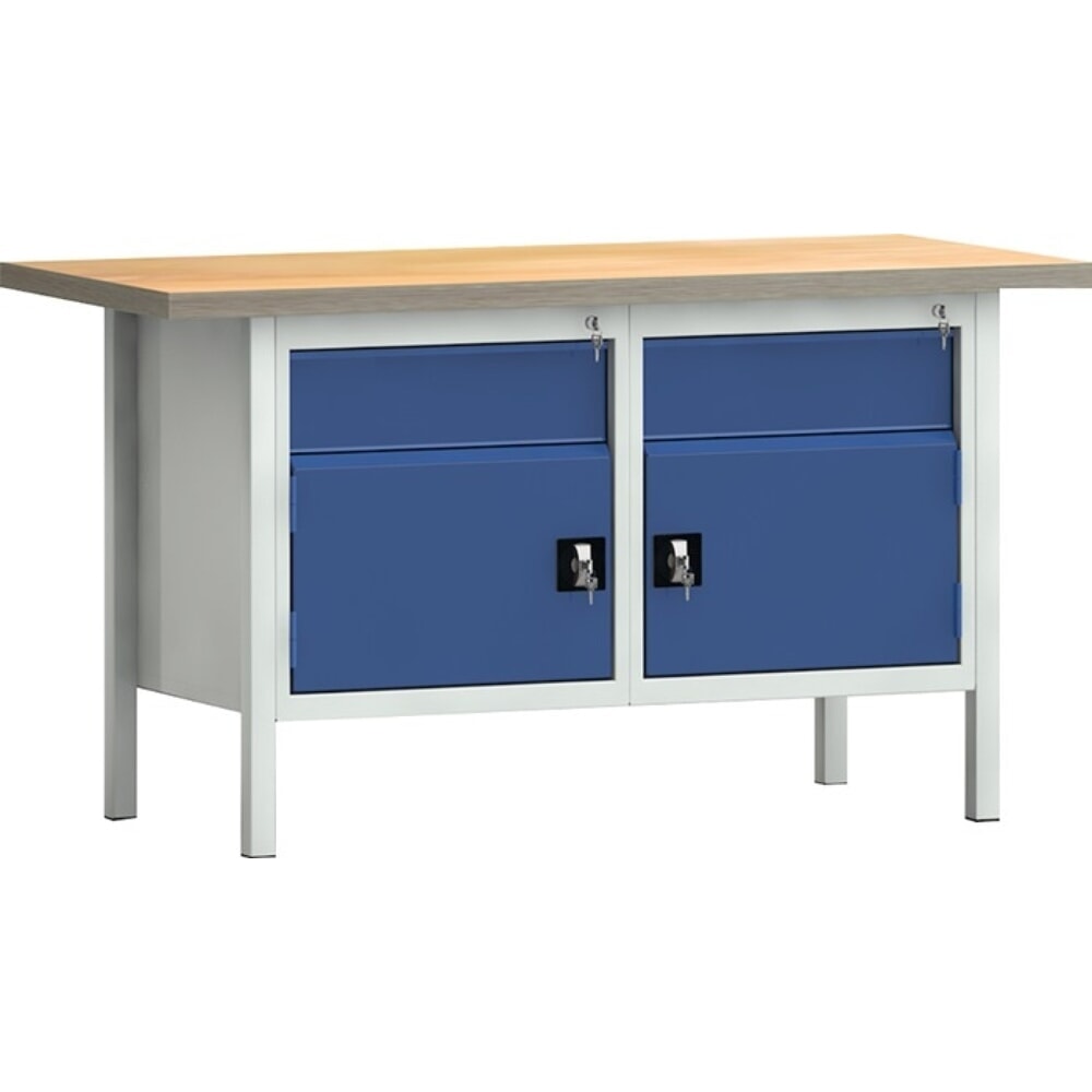 Illustration du produit: KLW-LUTZ Betriebseinrichtungen Werkbank PW 700, lichtgrau, RAL 7035, B1500xT700xH840mm Buche Multiplex, enzianblau, RAL 5010 2 Schubl. 2 Türen