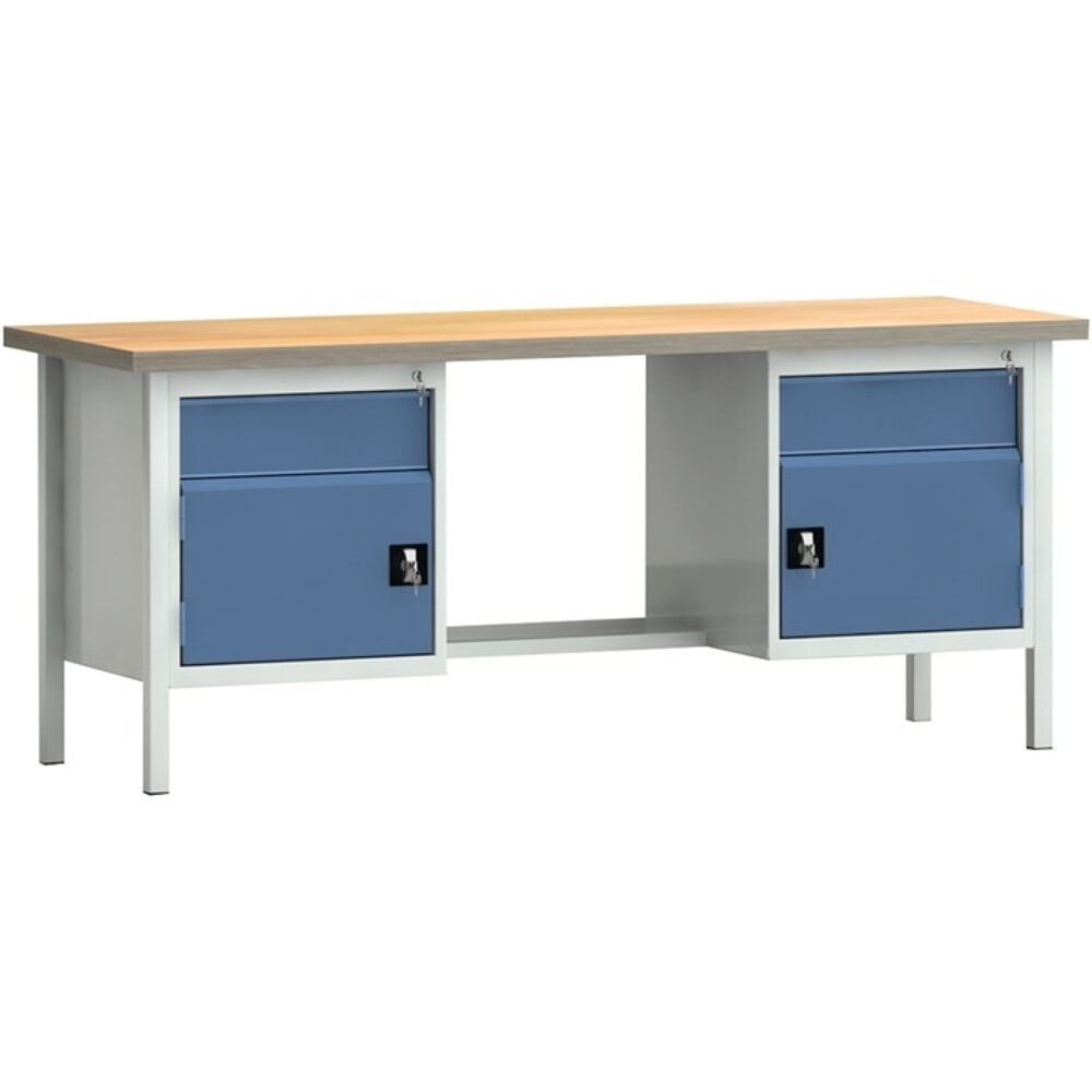 Illustration du produit: KLW-LUTZ Betriebseinrichtungen Werkbank PW 700, lichtgrau, RAL 7035, B2000xT700xH840mm Buche Multiplex, brillantblau, RAL 5007 2 Schubl. 2 Türen