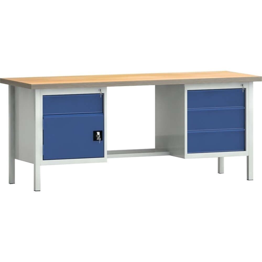 Illustration du produit: KLW-LUTZ Betriebseinrichtungen Werkbank PW 700, lichtgrau, RAL 7035, B2000xT700xH840mm Buche Multiplex, enzianblau, RAL 5010 4 Schubl. 1 Tür
