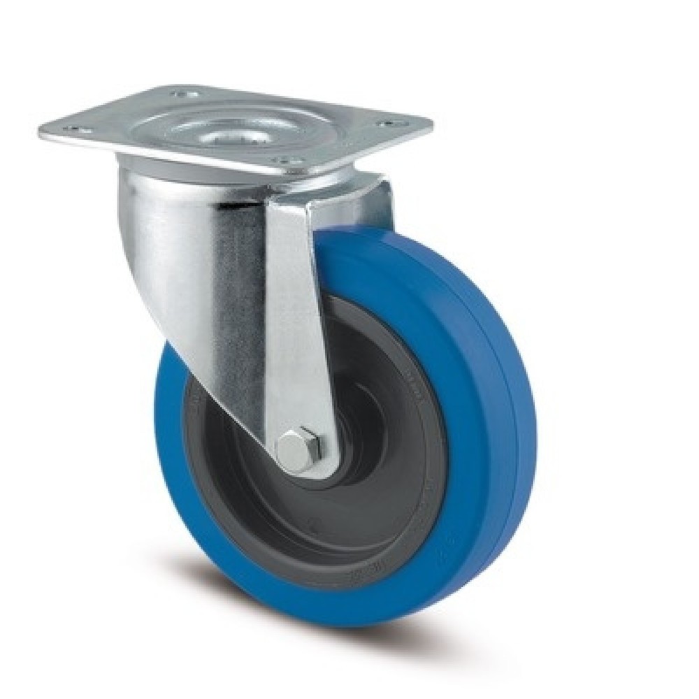 Illustration du produit: Roue directrice TENTE caoutchouc élastique, paliers à rouleaux, protection du palier pivotant, non marquante, bleu, Ø x largeur 100 x 50 mm, capacité de charge 160 kg