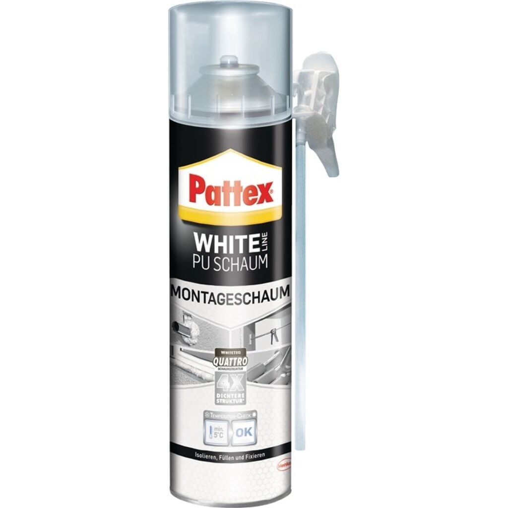 Mousse de montage PATTEX 1K blanche ligne PUW50 500 ml B2 blanche avec une main sch.tin Illustration du produit: Mousse de montage PATTEX 1K blanche ligne PUW50 500 ml B2 blanche avec une main sch.tin