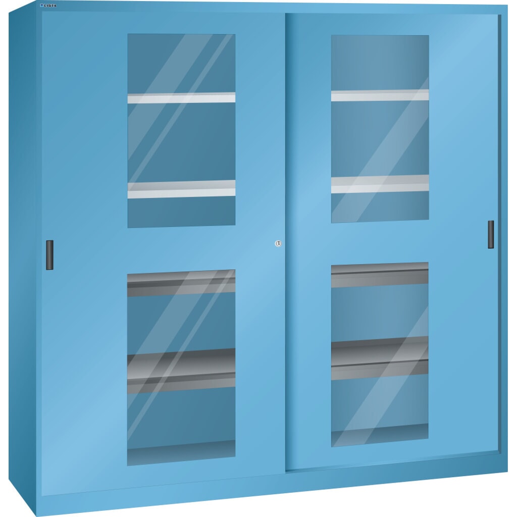 Armoire à portes coulissantes LISTA, (lxPxH) 2 000x580x1 950 mm, 4 rayons extensibles, 4 étagères réglables, vitre transparente, bleu clair Illustration du produit: Armoire à portes coulissantes LISTA, (lxPxH) 2 000x580x1 950 mm, 4 rayons extensibles, 4 étagères réglables, vitre transparente, bleu clair