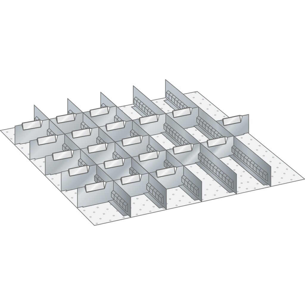 Jeu de parois à fentes et de plaquettes de séparation LISTA 36x36E, (lxP) 612x612 mm, 5 parois à fentes, 20 plaquettes de séparation, hauteur de façade 50 mm Illustration du produit: Jeu de parois à fentes et de plaquettes de séparation LISTA 36x36E, (lxP) 612x612 mm, 5 parois à fentes, 20 plaquettes de séparation, hauteur de façade 50 mm