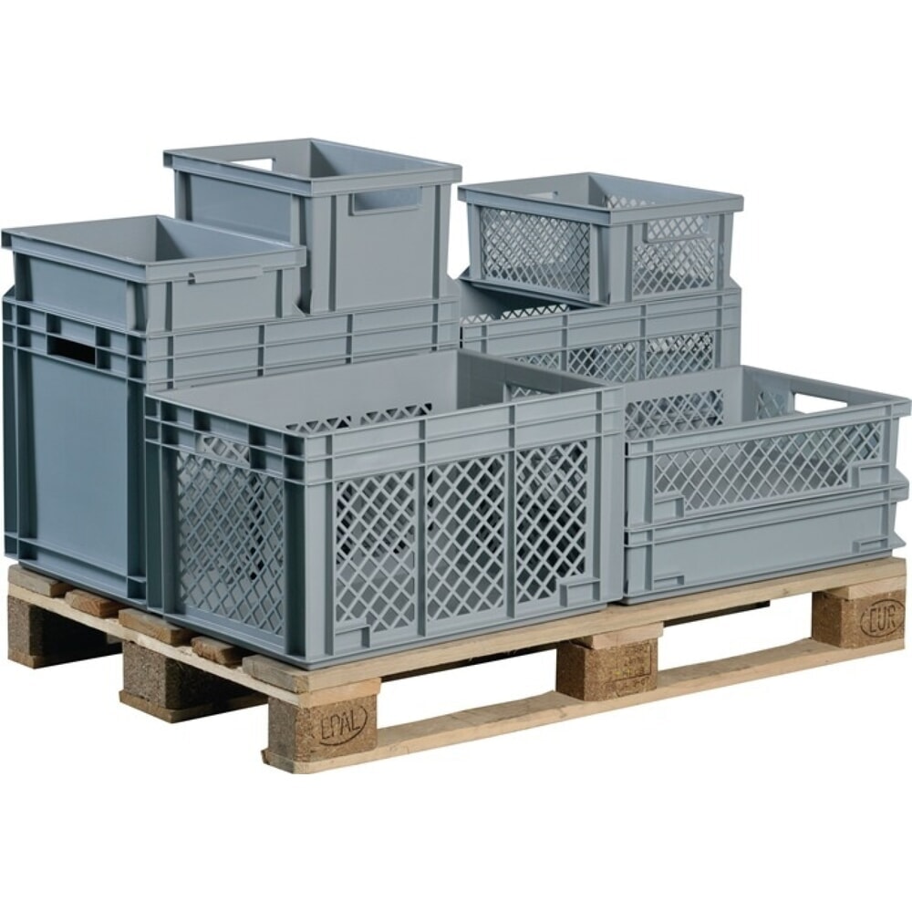 Illustration du produit: LOCKWEILER eurobox, poignée ouverte vert grise, L 400 x l 300 x H 170 mm, parois latérales perforées