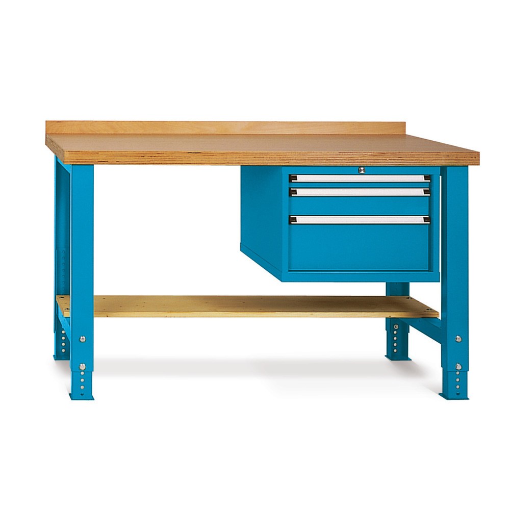 Illustration du produit: LOKOMA établi pour charges lourdes Premium, 3 tiroirs, tablette, capacité de charge 800 kg, H x l x P 850 mm x 1 500 mm x 700 mm, bleu gentiane