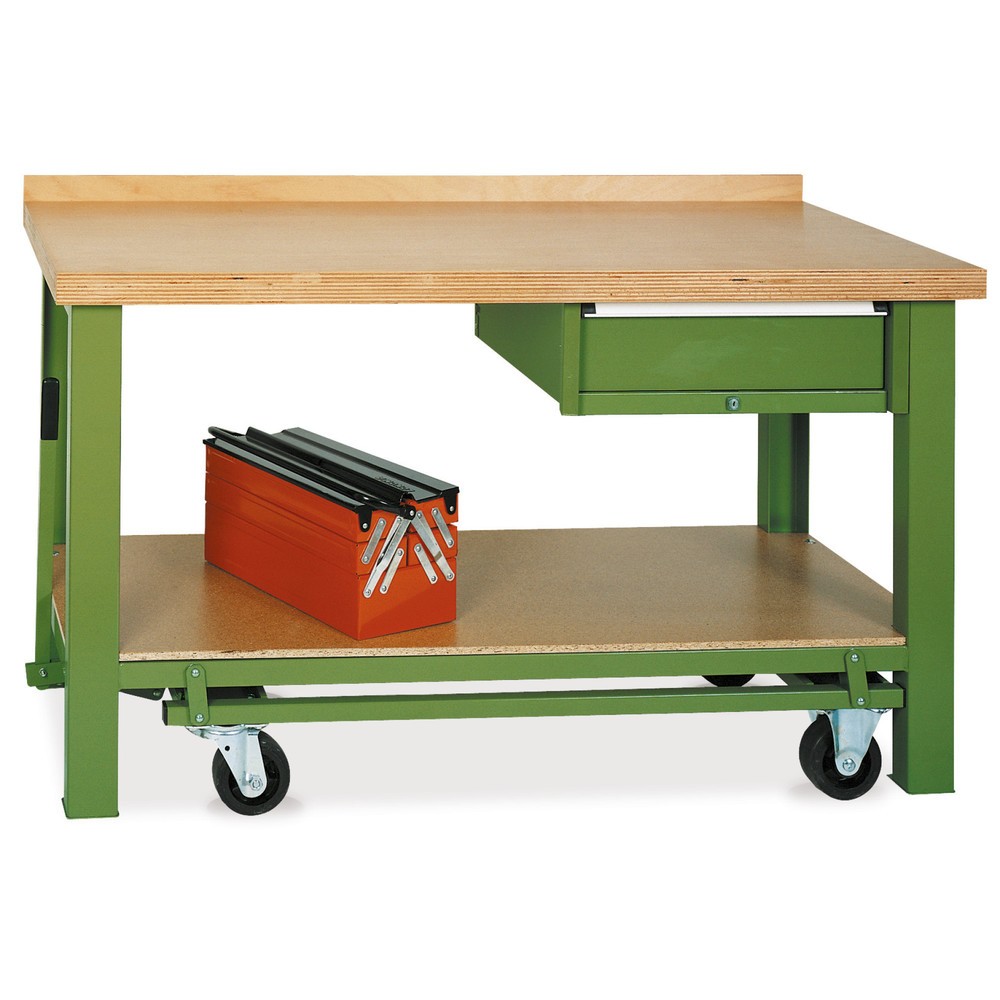 Illustration du produit: LOKOMA Table d’établi mobile PAVOY avec tiroir, capacité de charge de 300 kg, H x l x P 850 x 1 500 x 700 mm, vert réséda