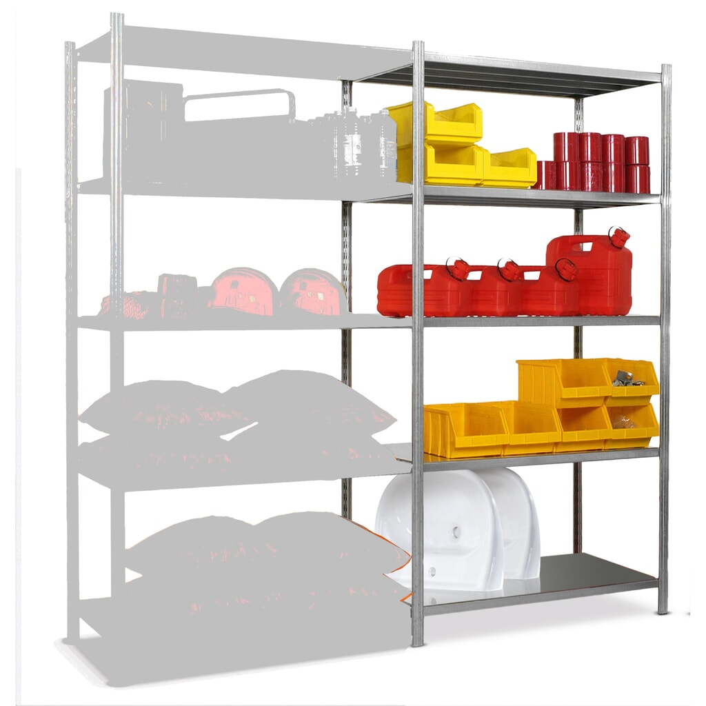 ManOrga Rayonnage à tablettes, travée auxiliaire, avec tablettes en tôle d'acier, charge par tablette 221 kg, galvanisé, HxlxP 2 000 x 1 000 x 388 mm Illustration du produit: ManOrga Rayonnage à tablettes, travée auxiliaire, avec tablettes en tôle d'acier, charge par tablette 221 kg, galvanisé, HxlxP 2 000 x 1 000 x 388 mm