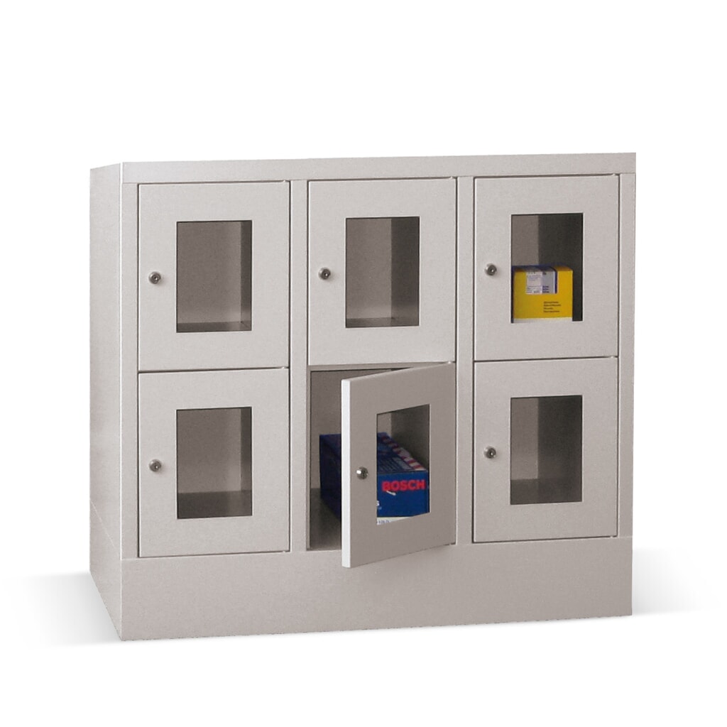 Illustration du produit: Meuble coffre-fort PAVOY avec regard, 3 x 2 compartiments, H x l x P 855 x 930 x 500 mm, rouge feu, gris clair