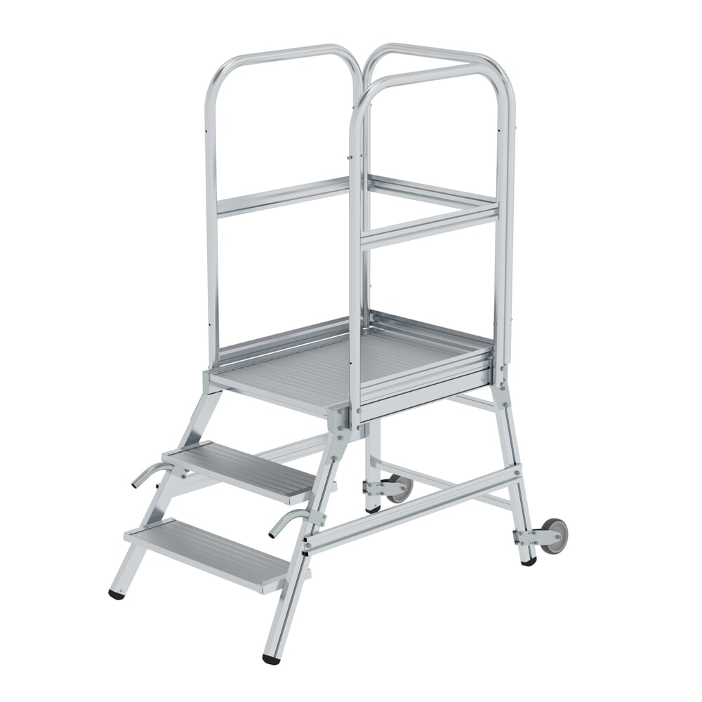 Illustration du produit: Munk Escalier à plate-forme avec marches accessibles d’un côté avec roulettes et poignées, en aluminium strié, 3 marches