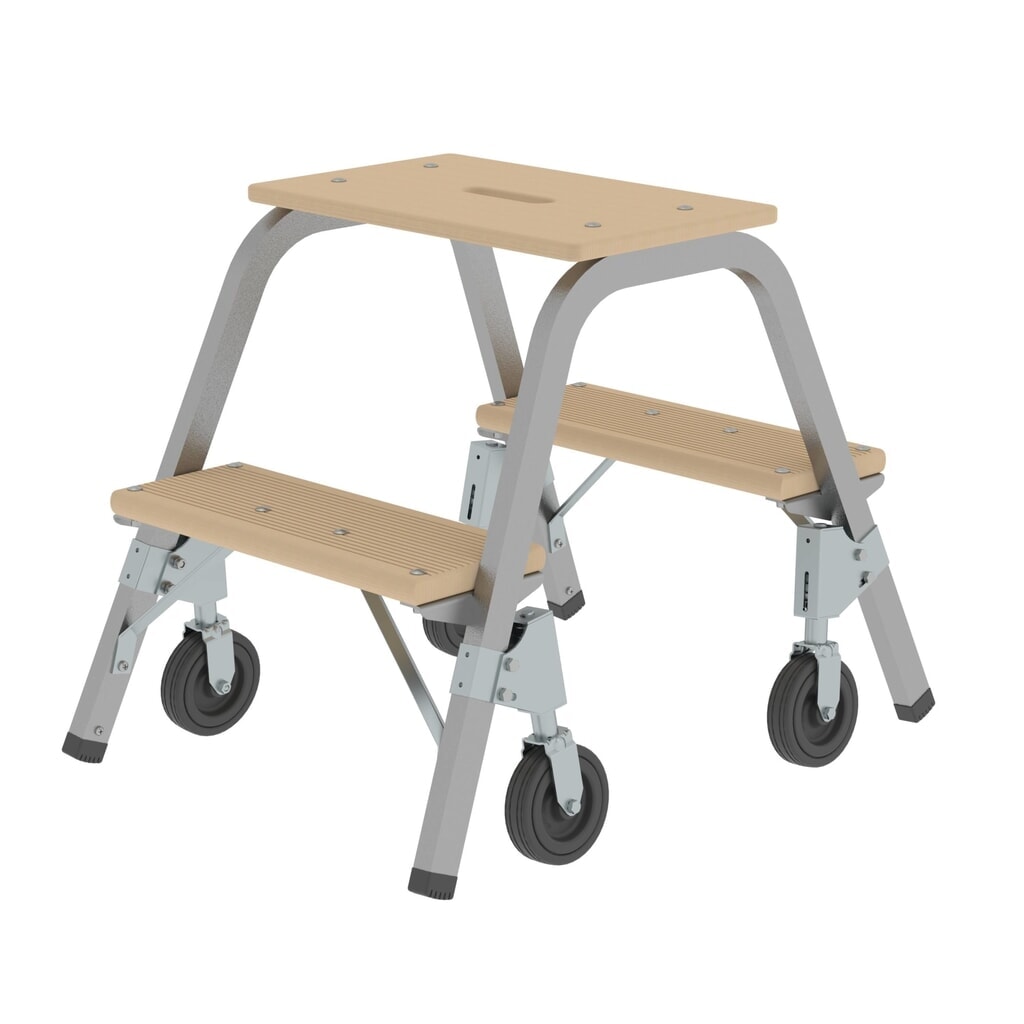 Munk Marchepied acier-bois avec roues fixes, 2x2 marches Illustration du produit: Munk Marchepied acier-bois avec roues fixes, 2x2 marches