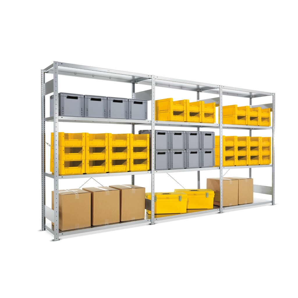 Paquet complet rayonnage grande portée META, charge par tablette 230 kg, H x l x P 2 000 x 3 900 x 600 mm Illustration du produit: Paquet complet rayonnage grande portée META, charge par tablette 230 kg, H x l x P 2 000 x 3 900 x 600 mm