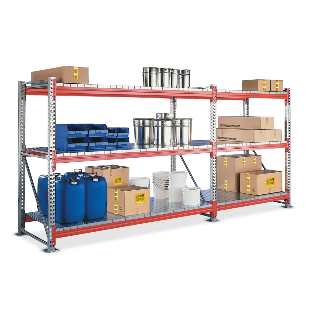 Illustration du produit: Kit complet de rayonnage grande portée META, avec panneaux en acier, galvanisé/rouge-orange, H x l x P 2 200 x 3 650 x 800 mm