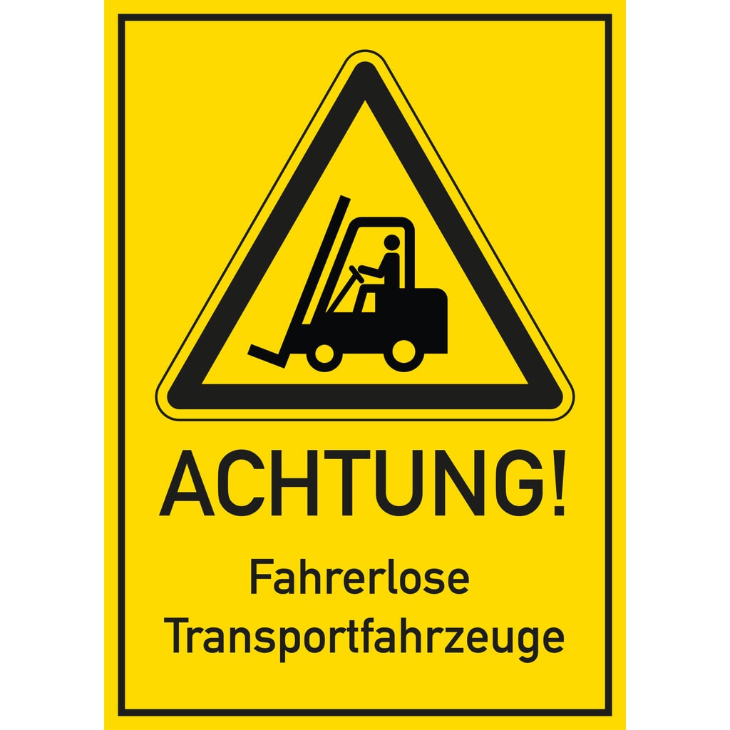 Panneau d’avertissement « Système de transport sans conducteur », jaune, l x H 300 x 420 mm Illustration du produit: Panneau d’avertissement « Système de transport sans conducteur », jaune, l x H 300 x 420 mm