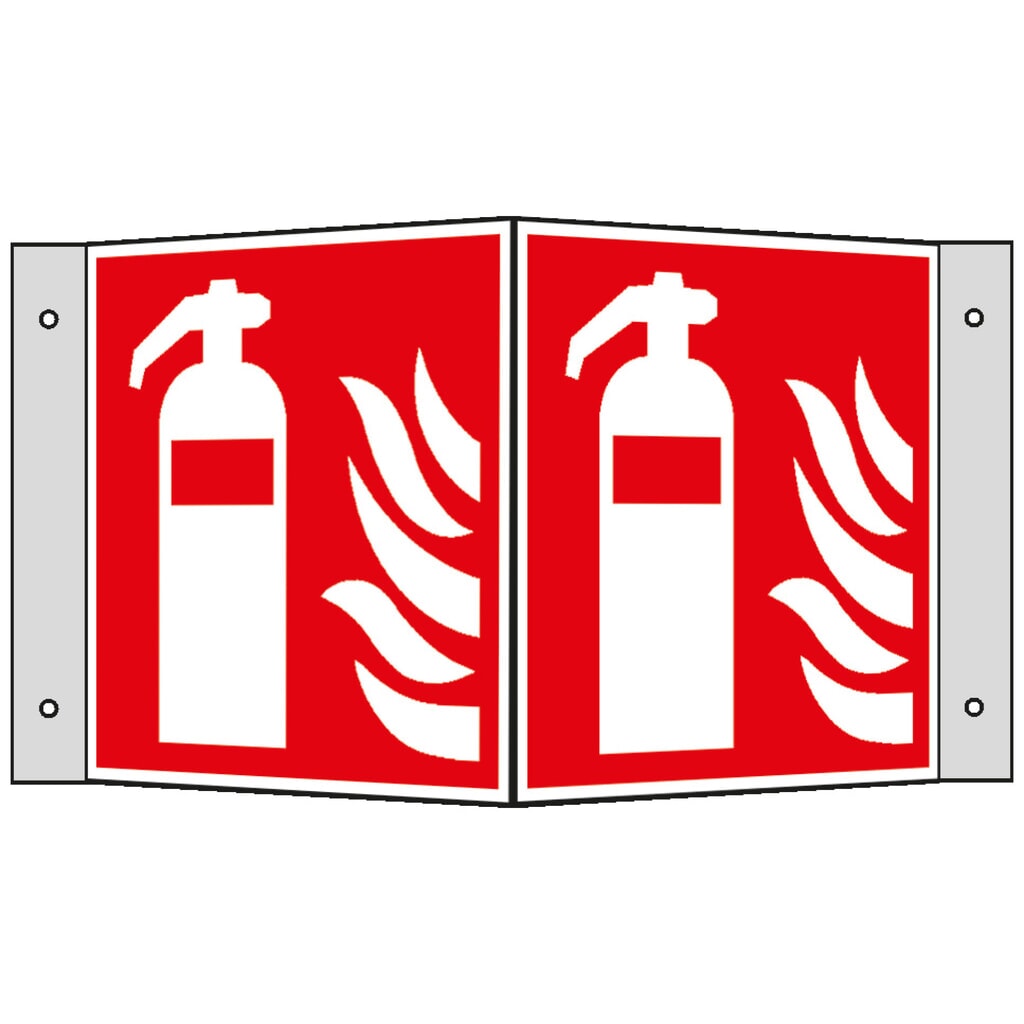 Panneau de protection incendie : extincteur avec flammes, panneau d'angle