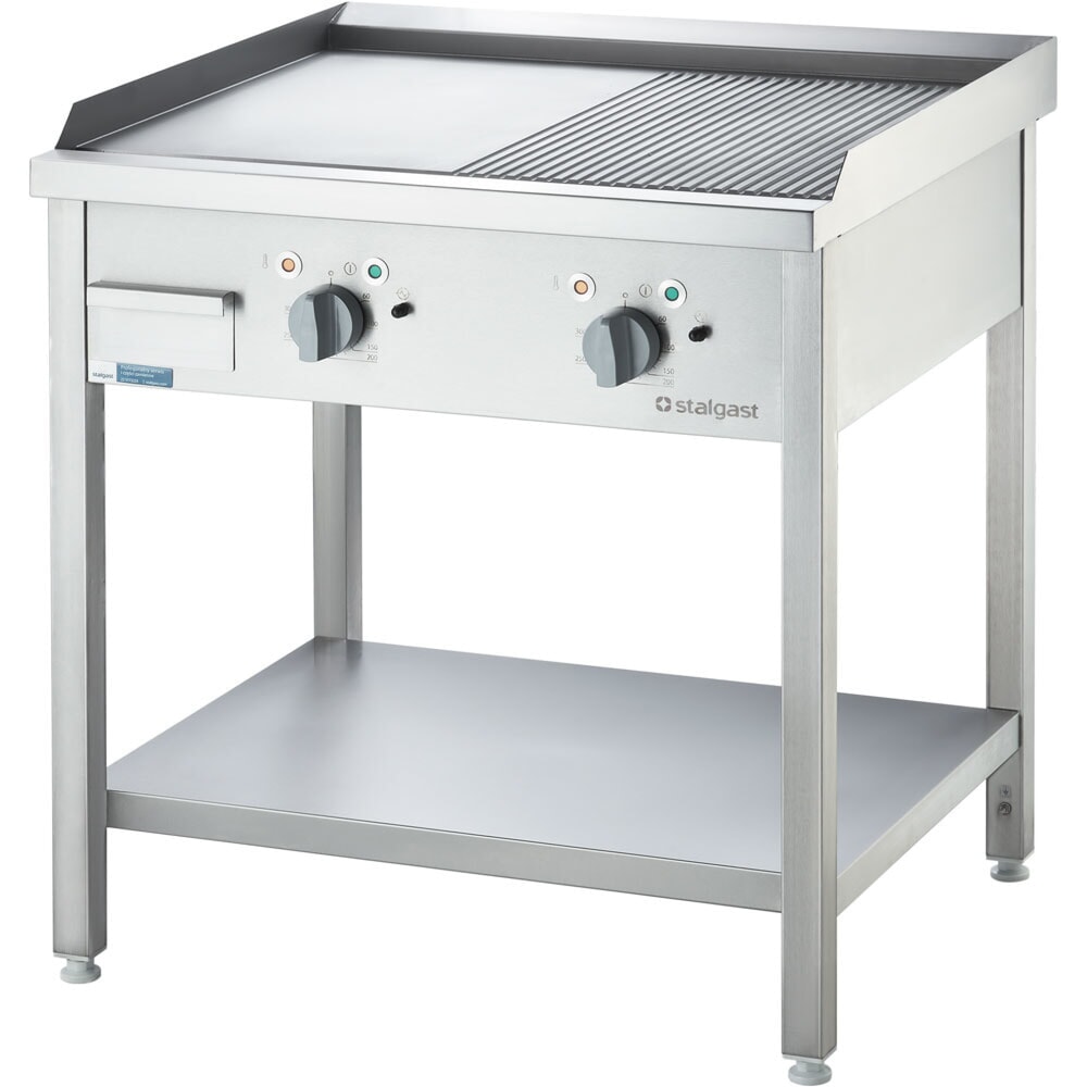 N° de l'image du produit 1 : Plaque de cuisson électrique Stalgast à poser - ½ lisse / ½ rainurée, base ouverte, 800 x 700 x 850 mm (L x P x H)