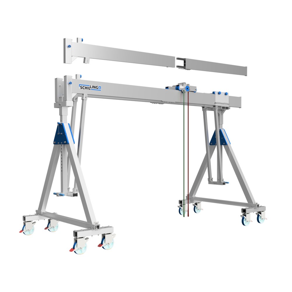 Illustration du produit: Portique de levage SCHILLING en aluminium avec double traverse divisible, mobile, point d'accrochage 3 003-4 153 mm, longueur 8 000 mm, capacité de charge 2 000 kg