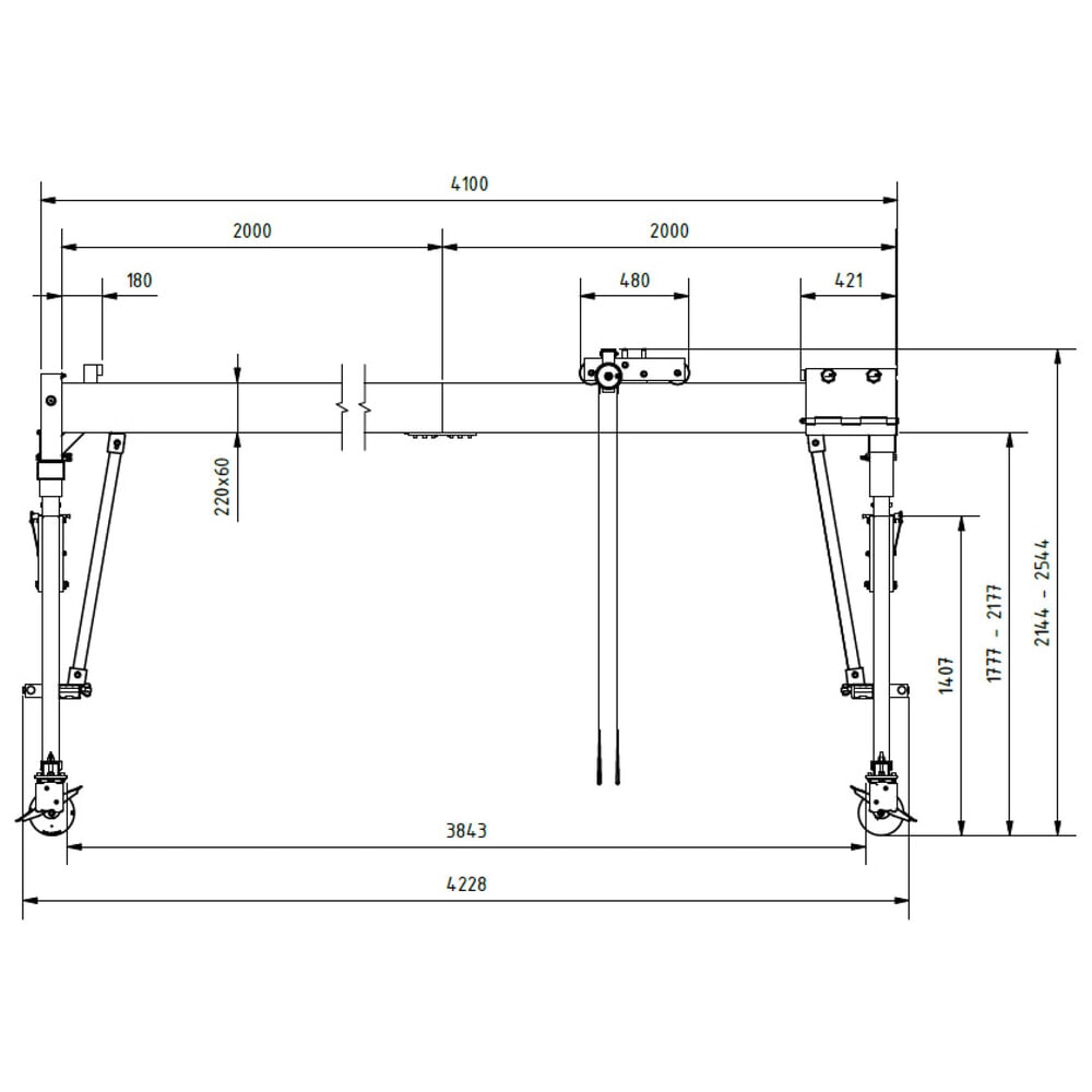 N° de l'image du produit 3 : Portique de levage SCHILLING en aluminium avec double traverse divisible, mobile, point d'accrochage 2 044-2 444 mm, longueur 4 000 mm, capacité de charge 1 500 kg