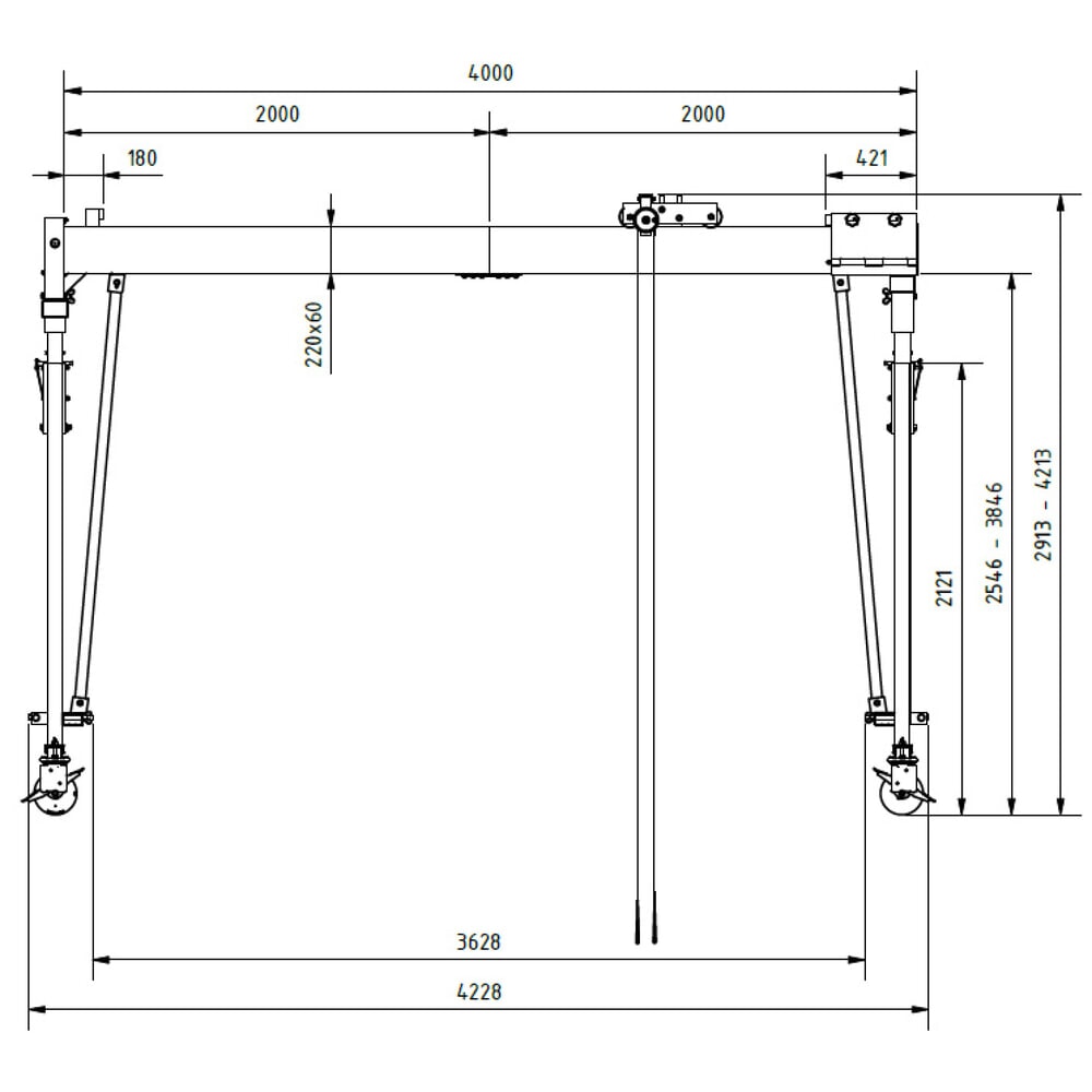 N° de l'image du produit 2 : Portique de levage SCHILLING en aluminium avec double traverse divisible, mobile, point d'accrochage 2 813-4 113 mm, longueur 4 000 mm, capacité de charge 1 000 kg