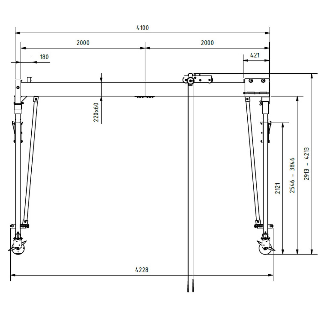 Portique de levage SCHILLING en aluminium avec double traverse divisible, mobile, point d'accrochage 2 813-4 113 mm, longueur 4 000 mm, capacité de charge 1 500 kg N° de l'image du produit 2 : Portique de levage SCHILLING en aluminium avec double traverse divisible, mobile, point d'accrochage 2 813-4 113 mm, longueur 4 000 mm, capacité de charge 1 500 kg