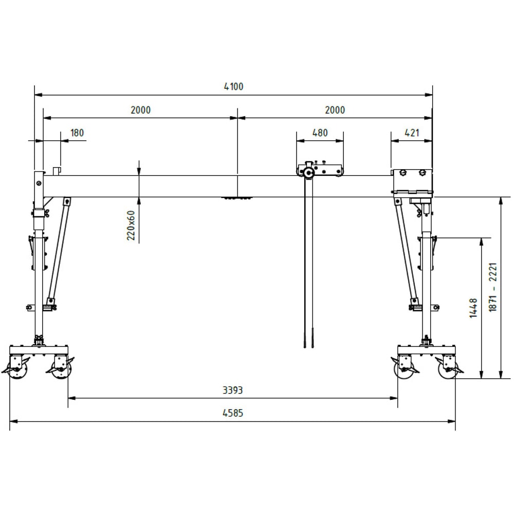N° de l'image du produit 2 : Portique de levage SCHILLING en aluminium avec double traverse divisible, mobile, point d'accrochage 2 138-2 488 mm, longueur 4 000 mm, capacité de charge 2 000 kg