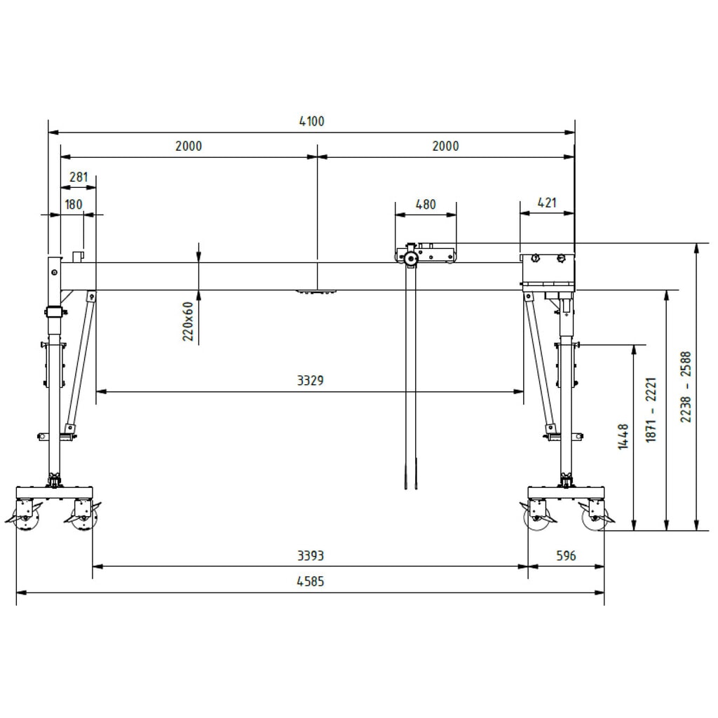 Portique de levage SCHILLING en aluminium avec double traverse divisible, mobile, point d'accrochage 2 138-2 488 mm, longueur 4 000 mm, capacité de charge 3 000 kg N° de l'image du produit 2 : Portique de levage SCHILLING en aluminium avec double traverse divisible, mobile, point d'accrochage 2 138-2 488 mm, longueur 4 000 mm, capacité de charge 3 000 kg