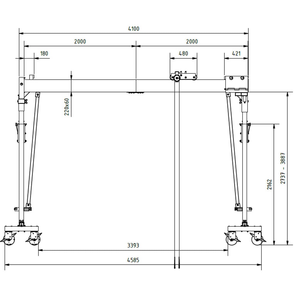 N° de l'image du produit 2 : Portique de levage SCHILLING en aluminium avec double traverse divisible, mobile, point d'accrochage 3 003-4 153 mm, longueur 4 000 mm, capacité de charge 2 000 kg