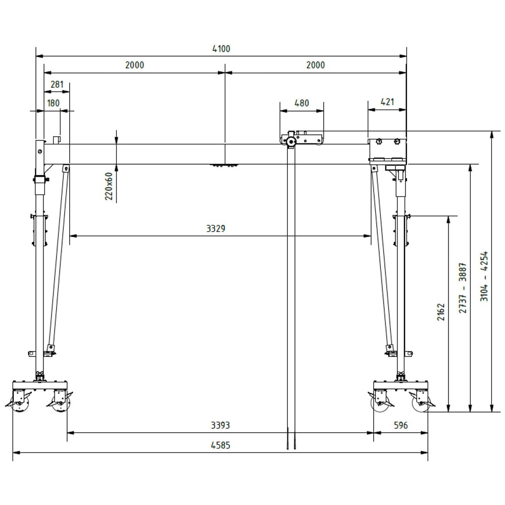 N° de l'image du produit 2 : Portique de levage SCHILLING en aluminium avec double traverse divisible, mobile, point d'accrochage 3 003-4 153 mm, longueur 4 000 mm, capacité de charge 3 000 kg