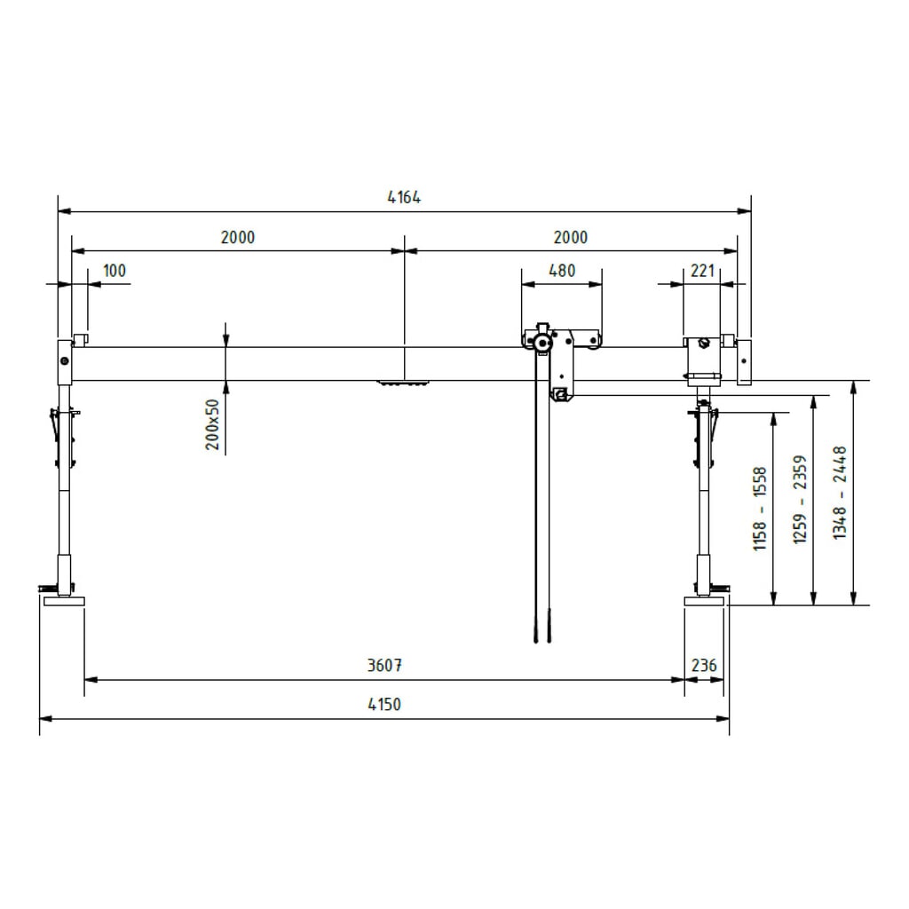 Portique en aluminium Grue séparable, point de montage 1.249-2.349 mm, longueur 4.000 mm, capacité de charge 1.000 kg N° de l'image du produit 2 : Portique en aluminium Grue séparable, point de montage 1.249-2.349 mm, longueur 4.000 mm, capacité de charge 1.000 kg