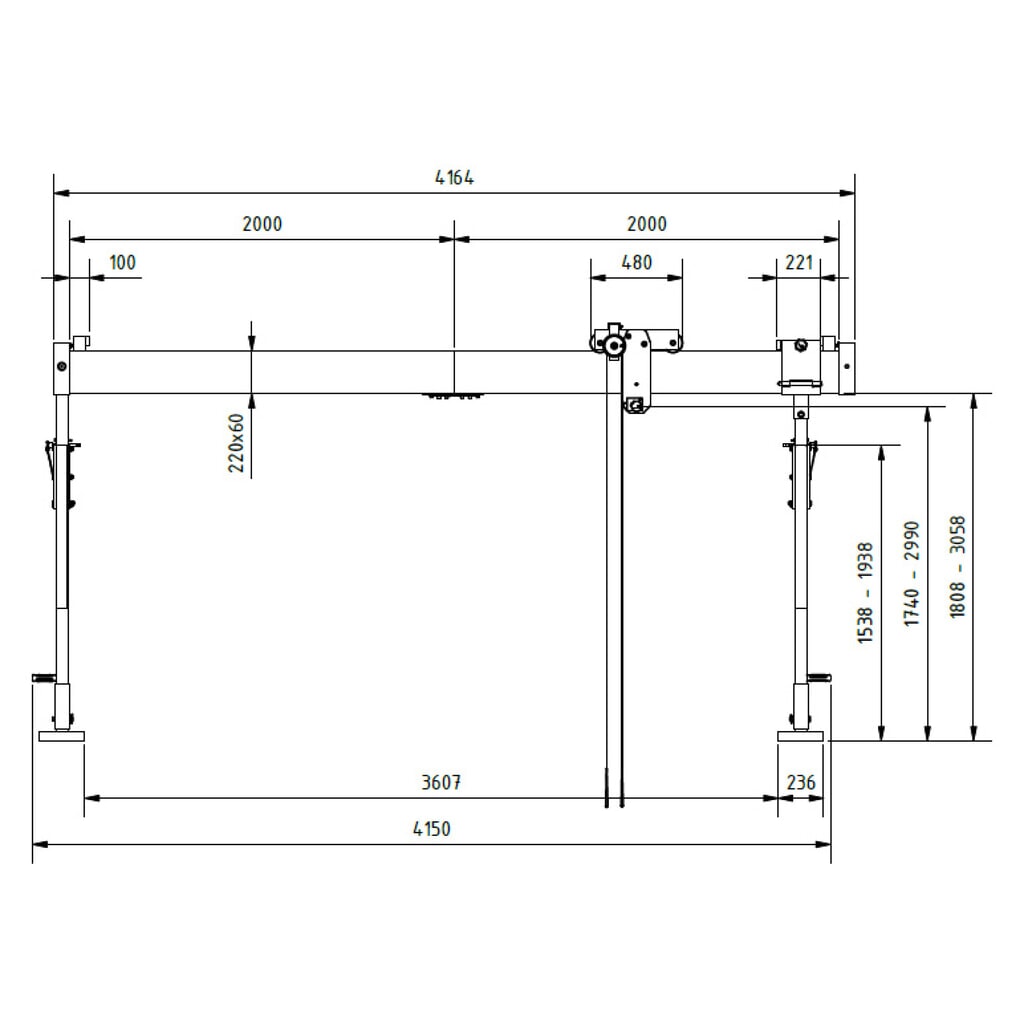 Portique en aluminium Grue séparable, point de montage 1.730-2.980 mm, longueur 4.000 mm, capacité de charge 1.500 kg N° de l'image du produit 2 : Portique en aluminium Grue séparable, point de montage 1.730-2.980 mm, longueur 4.000 mm, capacité de charge 1.500 kg