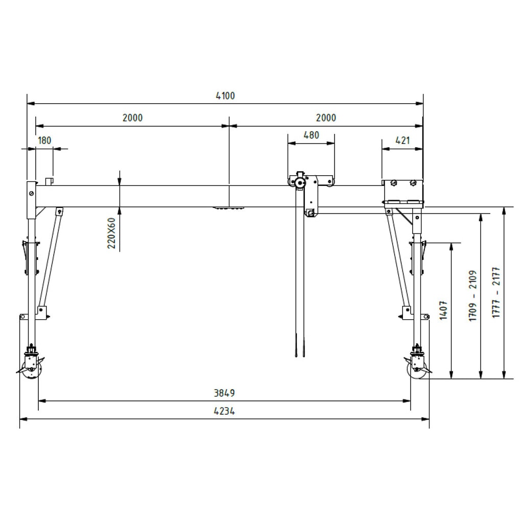 N° de l'image du produit 2 : Portique en aluminium Grue séparable, mobile, point de montage 1.699-2.099 mm, longueur 4.000 mm, capacité de charge 1.500 kg