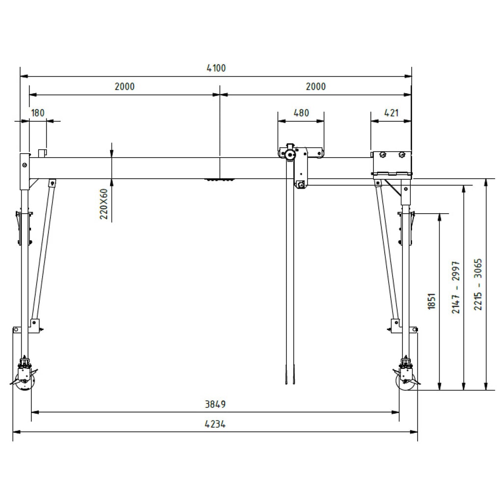 Portique en aluminium Grue séparable, mobile, point de suspension 2.137-2.987 mm, longueur 4.000 mm, capacité de charge 1.500 kg N° de l'image du produit 2 : Portique en aluminium Grue séparable, mobile, point de suspension 2.137-2.987 mm, longueur 4.000 mm, capacité de charge 1.500 kg