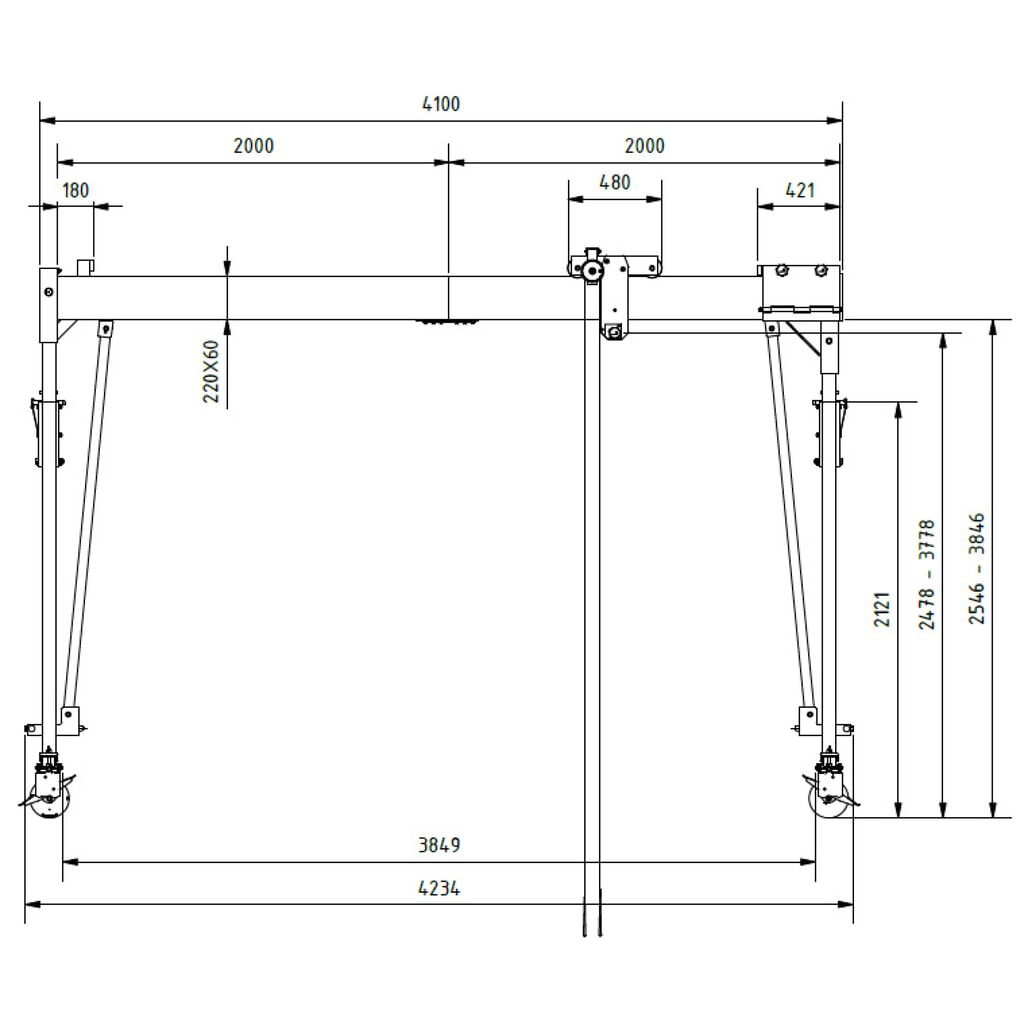 N° de l'image du produit 2 : Portique en aluminium Grue séparable, mobile, point de montage 2.468-3.768 mm, longueur 4.000 mm, capacité de charge 1.000 kg
