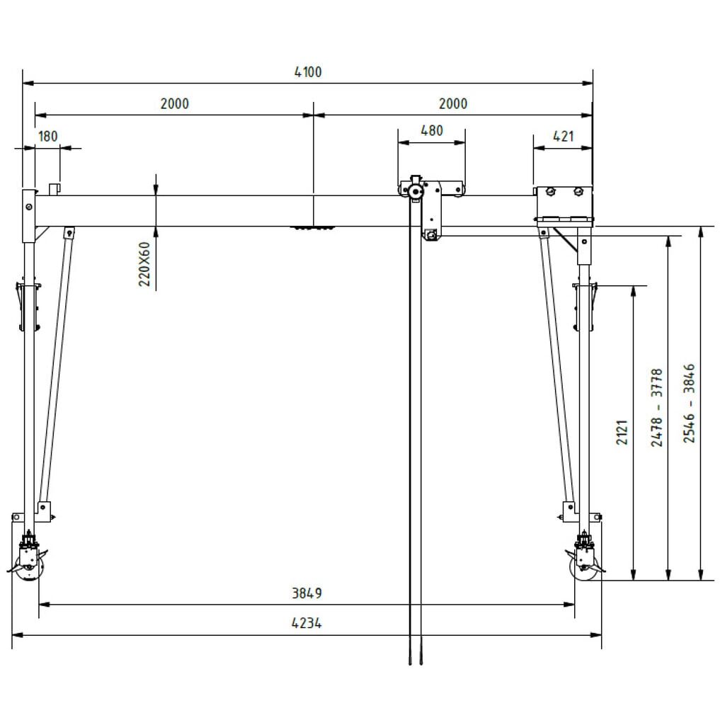 Portique en aluminium Grue séparable, mobile, point de montage 2.468-3.768 mm, longueur 4.000 mm, capacité de charge 1.500 kg N° de l'image du produit 2 : Portique en aluminium Grue séparable, mobile, point de montage 2.468-3.768 mm, longueur 4.000 mm, capacité de charge 1.500 kg