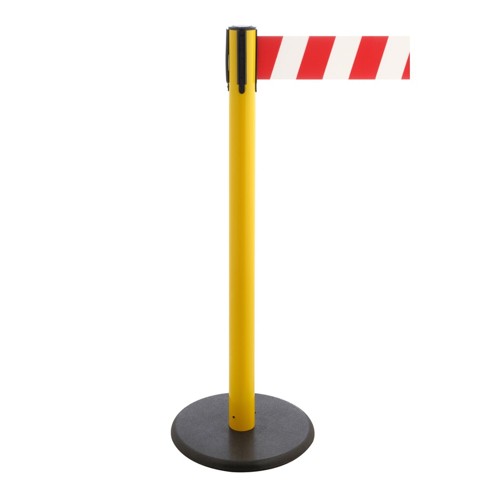 Illustration du produit: Potelet de délimitation à sangle RS-GUIDESYSTEMS®, socle en fonte, largeur de sangle 100 mm, jaune, strié en diagonale rouge/blanc, 3,8 m