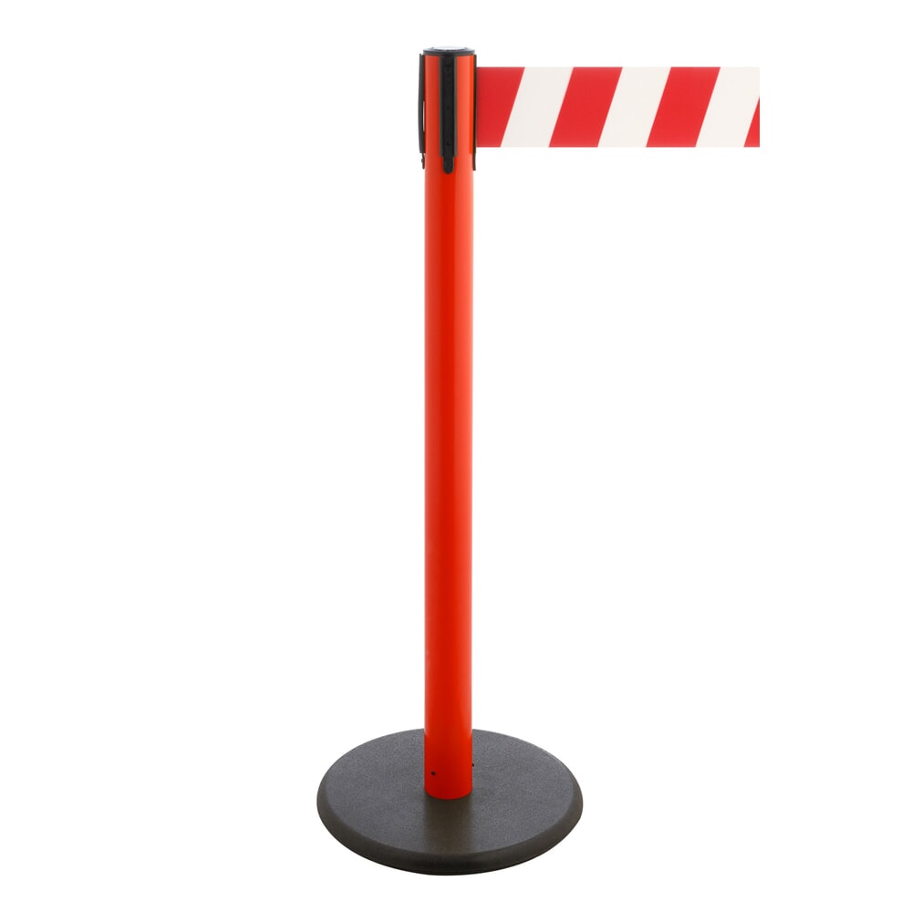 N° de l'image du produit 1 : Potelet de délimitation à sangle RS-GUIDESYSTEMS®, socle en fonte, largeur de sangle 100 mm, rouge, strié en diagonale rouge/blanc, 3,8 m