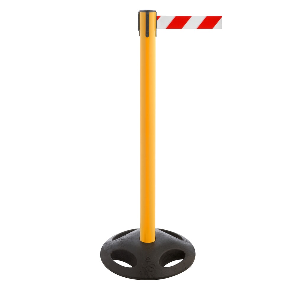 Illustration du produit: Potelet de délimitation à sangle RS-GUIDESYSTEMS®, socle en matériau composite, largeur de sangle 100 mm, jaune, strié en diagonale rouge/blanc