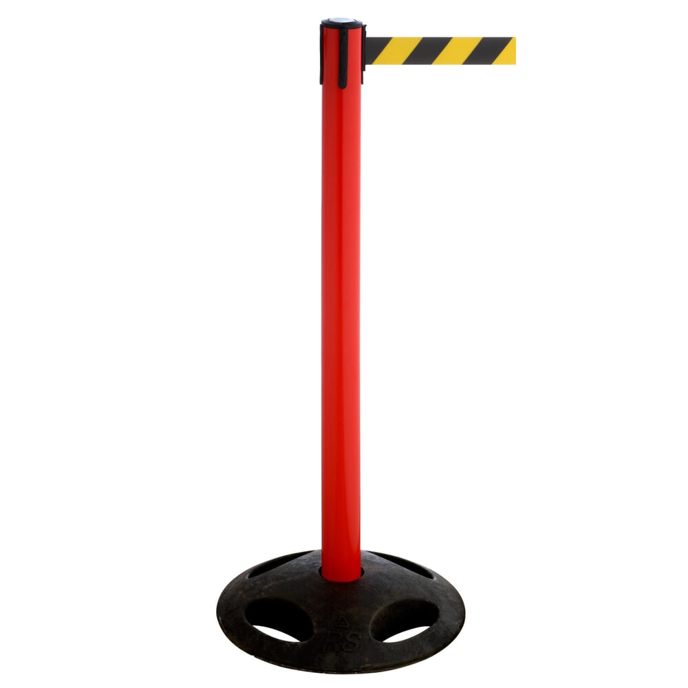 Illustration du produit: Potelet de délimitation à sangle RS-GUIDESYSTEMS®, socle en matériau composite, largeur de sangle 100 mm, rouge, strié en diagonale noir/jaune