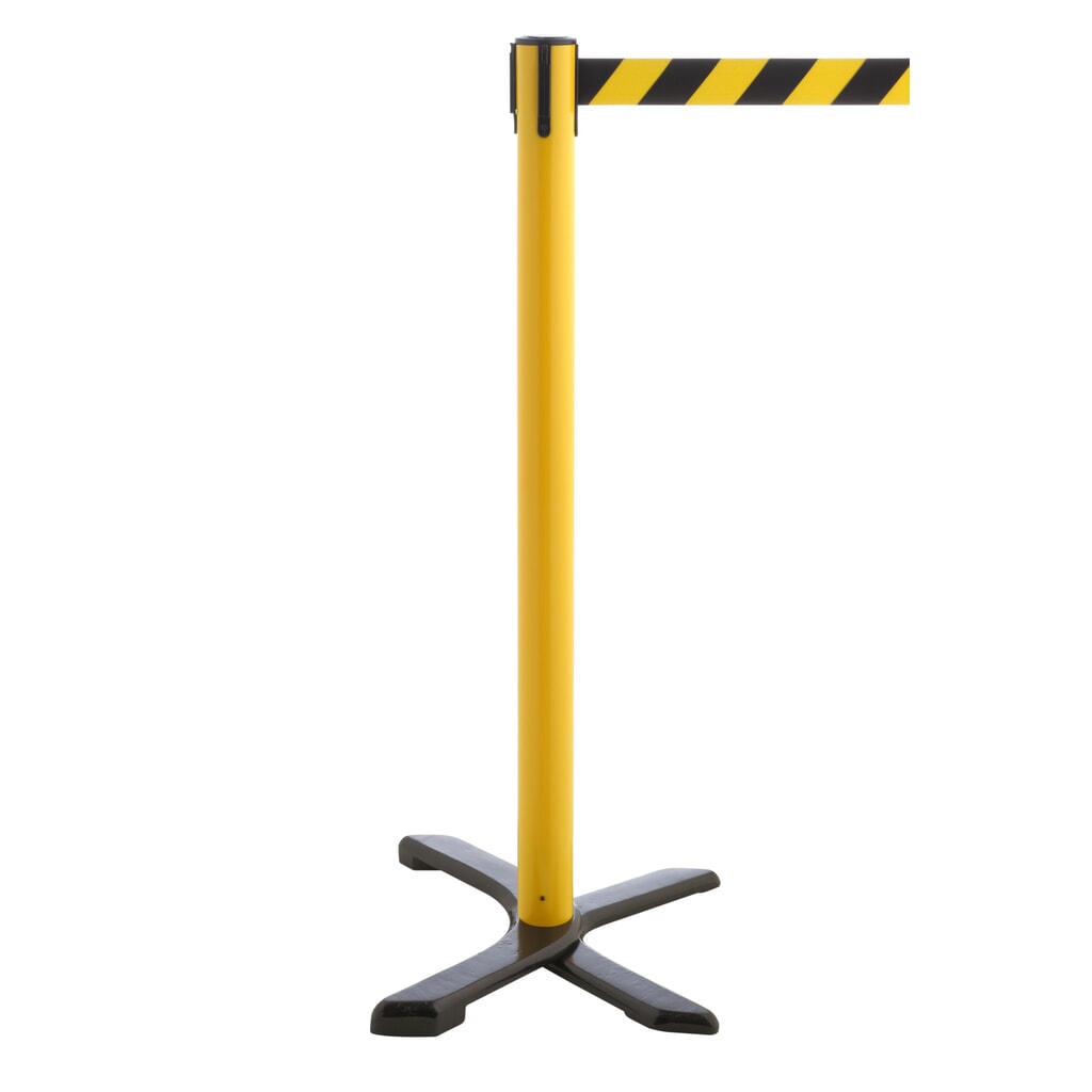 Potelet de délimitation pied en croix, longueur de sangle 2,3 m, jaune, strié en diagonale noir/jaune Illustration du produit: Potelet de délimitation pied en croix, longueur de sangle 2,3 m, jaune, strié en diagonale noir/jaune