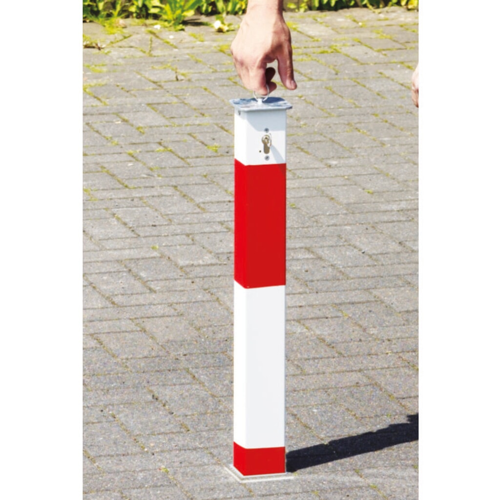 URBANUS Potelet en aluminium, escamotable, 70 x 70 mm, verrouillable verticalement, rouge/blanc N° de l'image du produit 2 : URBANUS Potelet en aluminium, escamotable, 70 x 70 mm, verrouillable verticalement, rouge/blanc