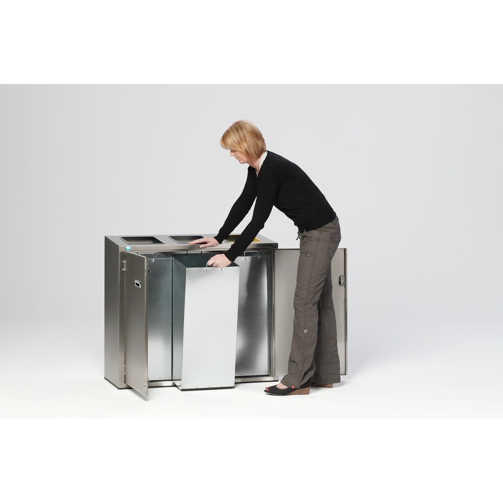 N° de l'image du produit 2 : Poubelle de tri de matériaux VAR® en acier inoxydable, orifices d’insertion, 3x 90 litres