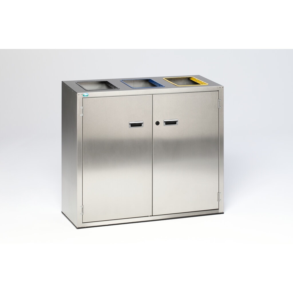 Poubelle de tri de matériaux VAR® en acier inoxydable, orifices d’insertion, 3x 90 litres Illustration du produit: Poubelle de tri de matériaux VAR® en acier inoxydable, orifices d’insertion, 3x 90 litres