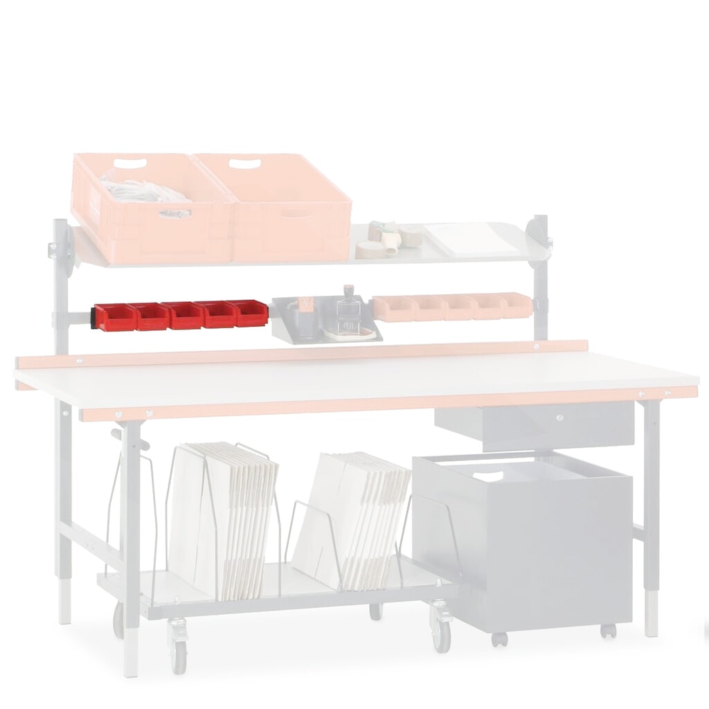 Rail de fixation avec bacs à bec, pour système de table d’emballage Rocholz, livré avec 5 bacs N° de l'image du produit 1 : Rail de fixation avec bacs à bec, pour système de table d’emballage Rocholz, livré avec 5 bacs
