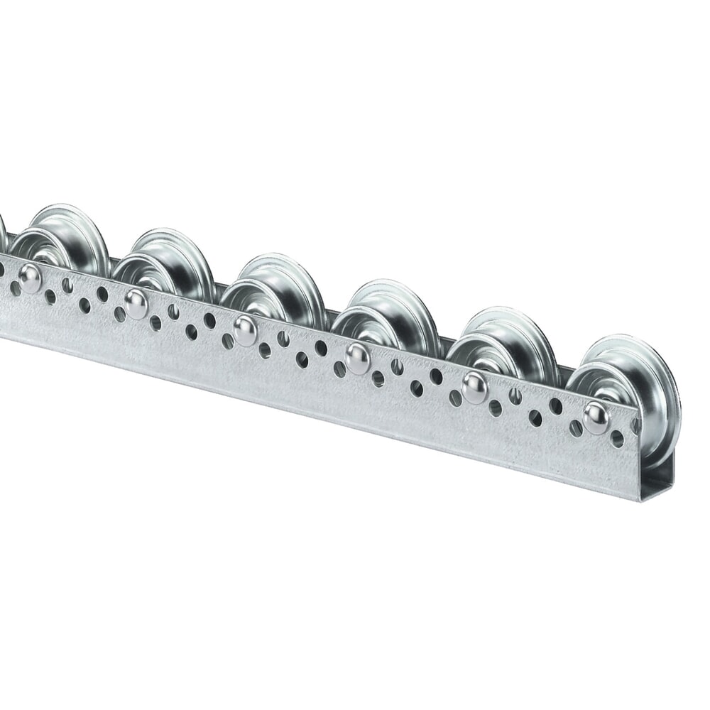 N° de l'image du produit 1 : Rail à galets universel, galets en acier, avec boudin de roue, paliers de 100 mm, capacité de charge par galet 20
