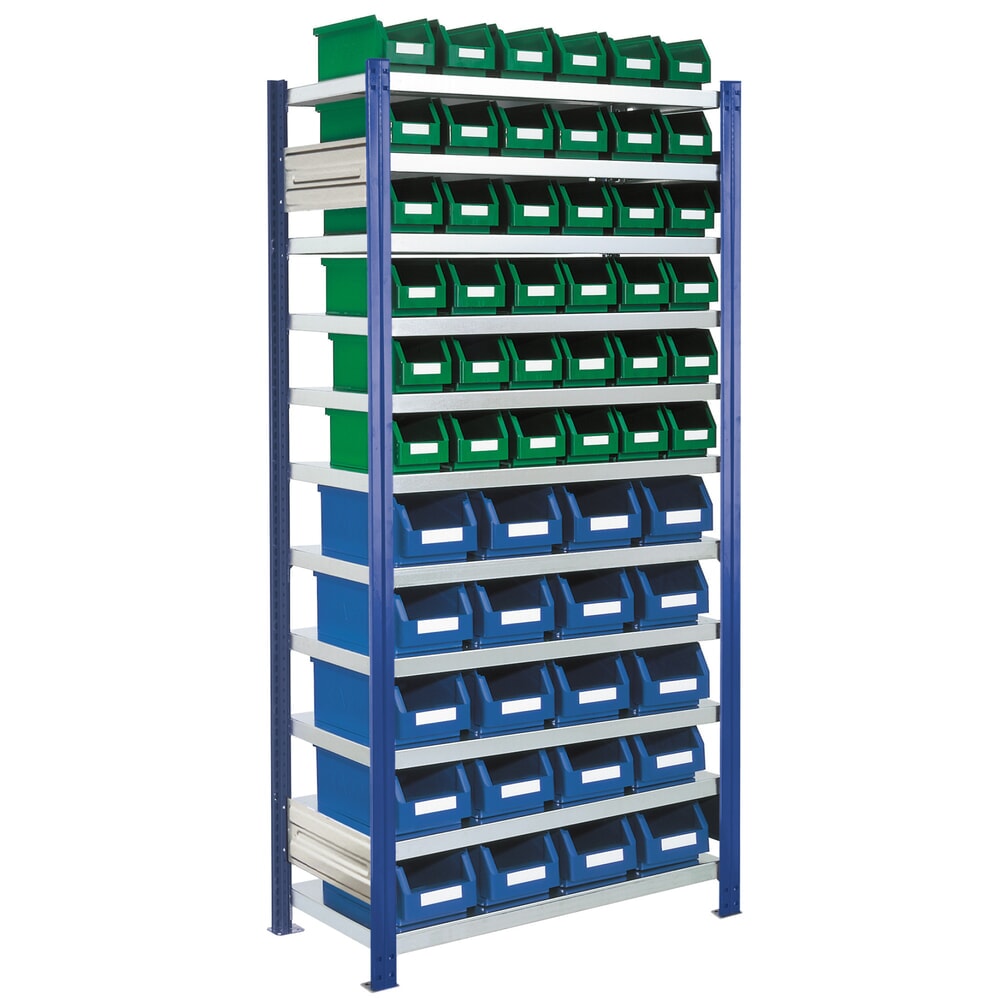 Illustration du produit: Kappes RasterPlan Rayonnage à tablettes bleu gentiane avec bacs à bec, charge par tablette 100 kg, HxlxP 2 000 x 1 060 x 435 mm