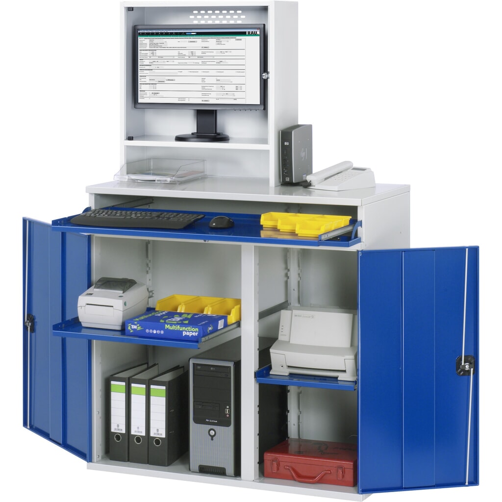 RAU Armoire informatique, boîtier d’écran, porte-clavier coulissant, double porte battante, compartiment pour écran profondeur 230, 2 x tablette extractible, fixe Illustration du produit: RAU Armoire informatique, boîtier d’écran, porte-clavier coulissant, double porte battante, compartiment pour écran profondeur 230, 2 x tablette extractible, fixe