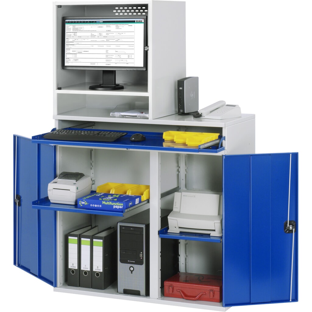 RAU Armoire informatique, boîtier d’écran, porte-clavier coulissant, double porte battante, compartiment pour écran profondeur 500, 2 x tablette extractible, fixe Illustration du produit: RAU Armoire informatique, boîtier d’écran, porte-clavier coulissant, double porte battante, compartiment pour écran profondeur 500, 2 x tablette extractible, fixe