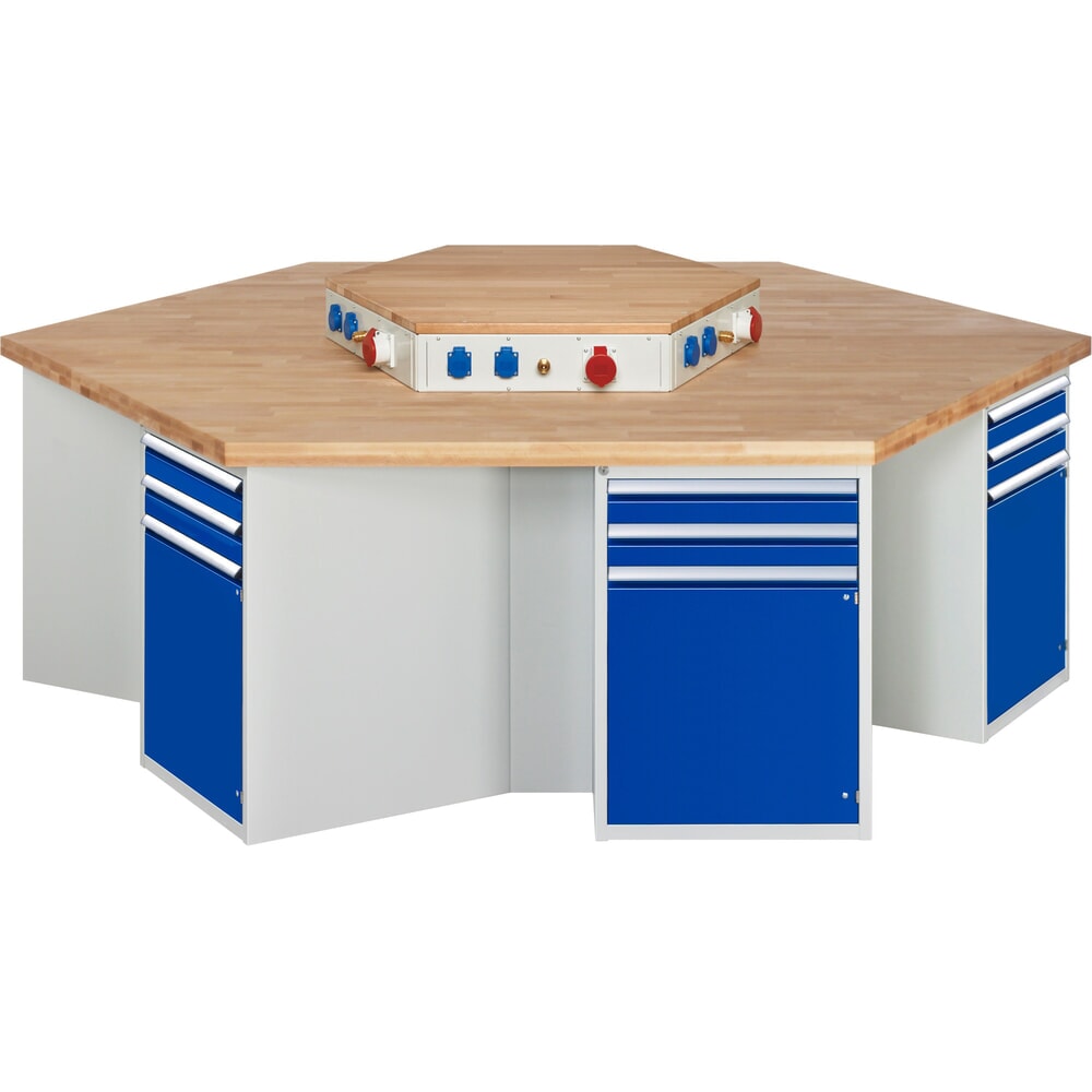 Illustration du produit: RAU Établi de groupe série 4000, rehausse d'alimentation, 6 caissons + socle, HxlxP 890 x 2 700 x 2 340 mm, x tiroirs extractibles à 90 %, 1 tablette