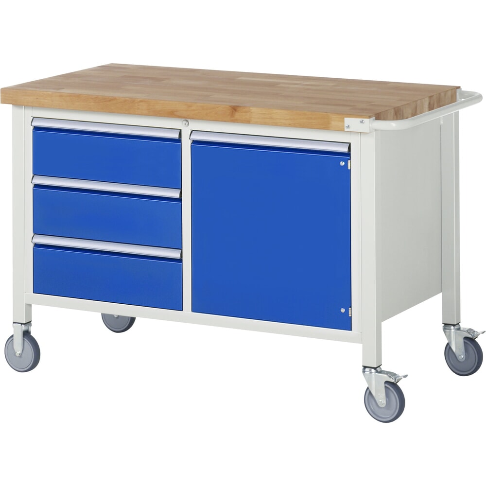 Illustration du produit: RAU Établi mobile série 8000, 1 caisson double, 1 tablette, 1 porte battante, HxlxP 880-1 080 x 1 250 x 700 mm, 3 tiroirs extractibles à 90 %