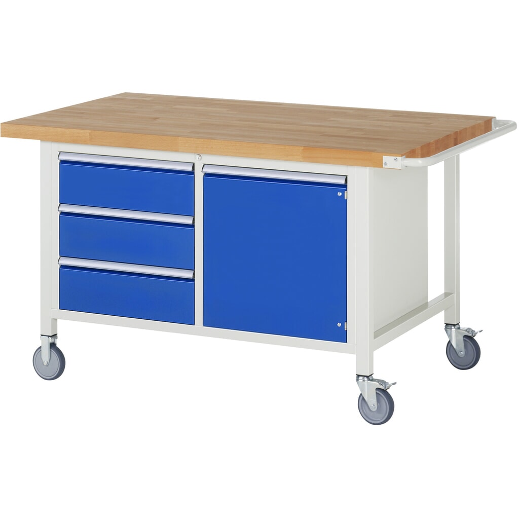 Illustration du produit: RAU Établi mobile série 8000, HxlxP 880 x 1 500 x 900 mm, 1 double caisson sous plateau, avec 3 tiroirs et 1 porte battante