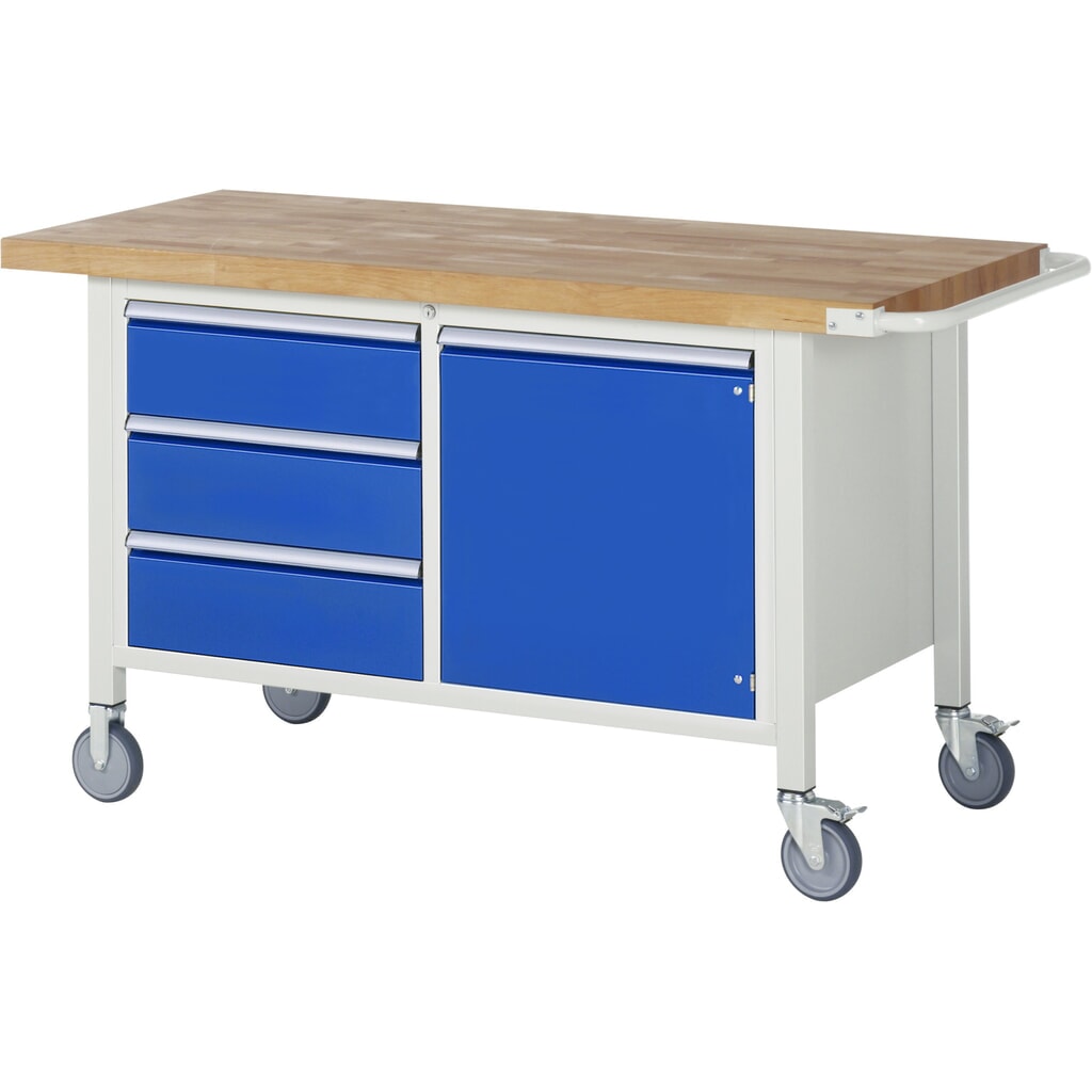 Illustration du produit: RAU Établi mobile série 8000, HxlxP 880 x 1 500 x 700 mm, 1 double caisson sous plateau, avec 3 tiroirs et 1 porte battante
